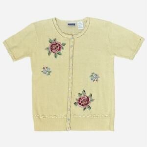 VTG Erika & Co Yellow Short Sleeved Embroidered Beaded Floral Cardigan Sz M